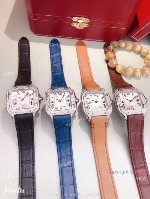 Cartier Santos 100 Diamond Replica Watch SS Diamond Case Blue Leather Strap