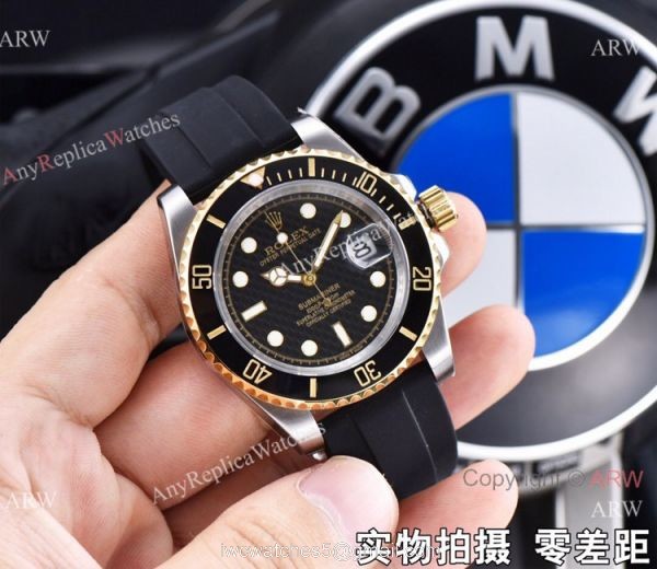 Rolex Submariner Clone Two Tone Black Rubber Strap Watch 41mm