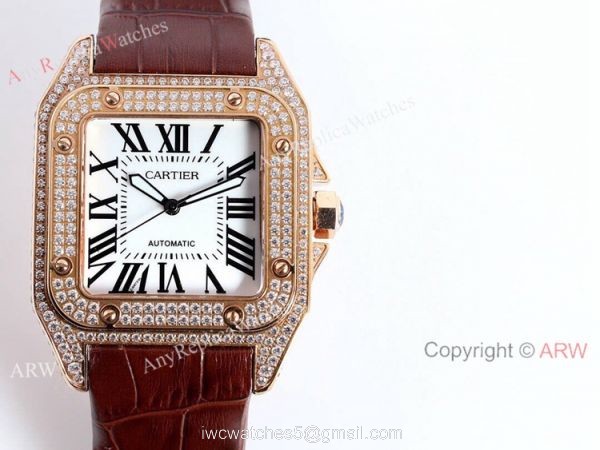 High Quality Cartier Santos De Diamond Case Brown Dial Wrist Automatic