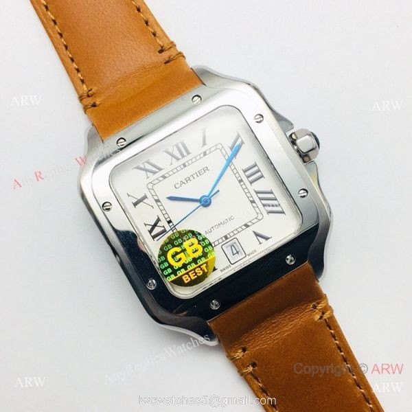 (GB) SWISS Replica Cartier Santos De SS Brown Leather Strap Watch