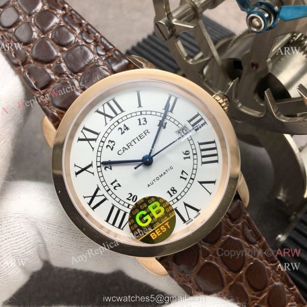 (GBF) Swiss Replica Cartier Ronde Solo De Watch Rose Gold Brown Leather Strap