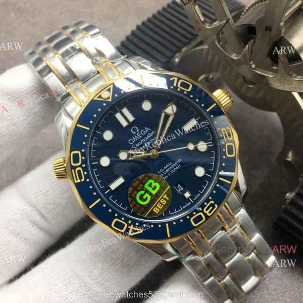 GB Factory Seamaster Diver 300M James Bond Replica Watch 2-Tone Blue Ceramic Omega 8800 Movement