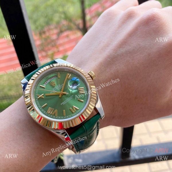 Upgraded Rolex DayDate II Green Dial Leather Strap Watch 41mm