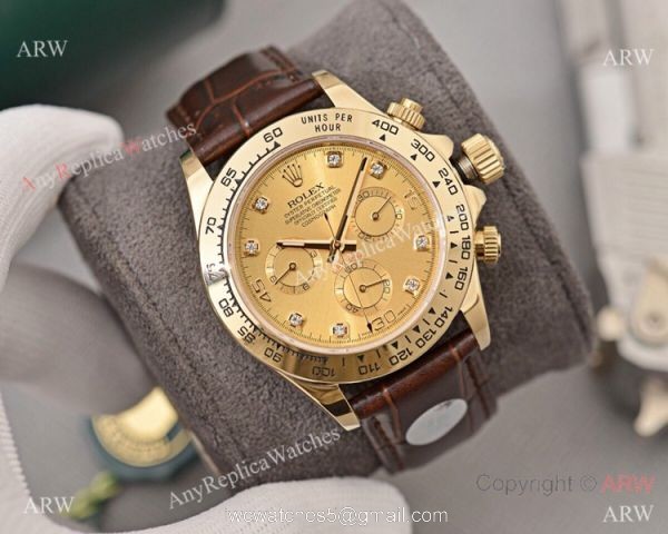 Best Replica Rolex Daytona watch Gold Dial with Diamond Leather Strap