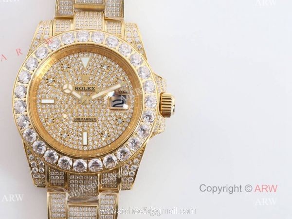 Iced Out Rolex Submariner 116610 All Gold Replica Watches For Men