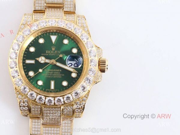 Gold Rolex Submariner Clone Green Dial Diamond Watch 11610