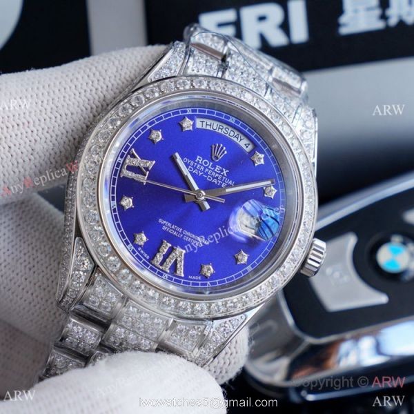 Replica Rolex Day Date II Watches Stainless Steel Iced Out Diamond Case