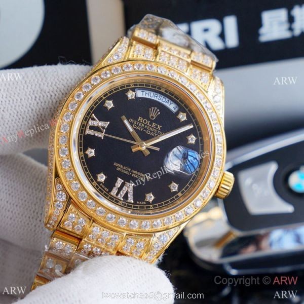 Replica Rolex Day Date II Watches Gold Iced Out Diamond Silver Dial