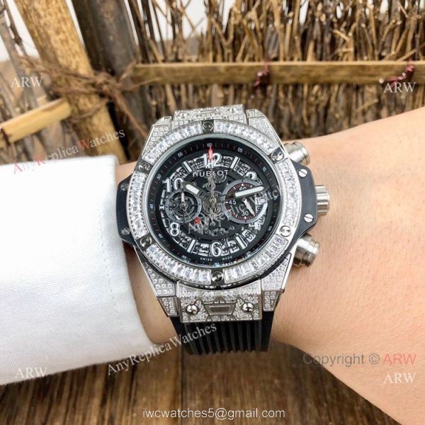 Best Quality Hublot Big Bang Unico Sapphire Iced Out Watches Blue Rubber Strap
