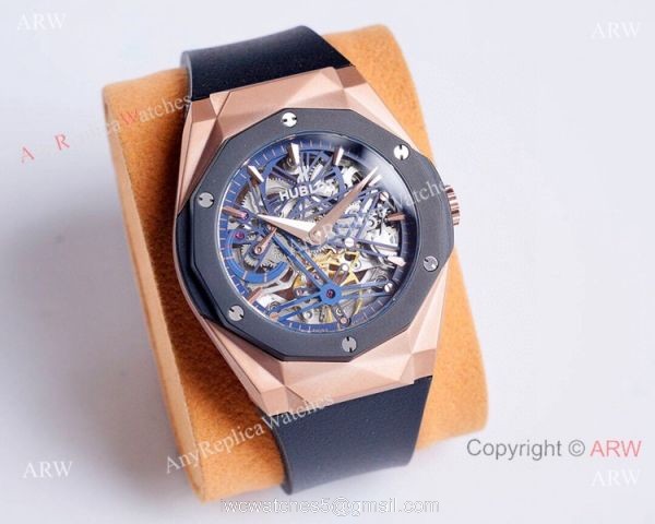 Copy Hublot Classic Fusion Skeleton Watches Rose Gold Rubber Strap