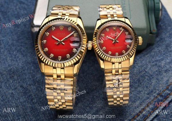 Clone Rolex Datejust Red Dial Yellow Gold Jubilee Band Watches