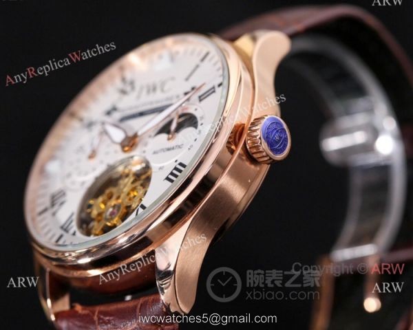 New IWC Schaffhausen Complications Men Watch White Dial Brown Leather Strap