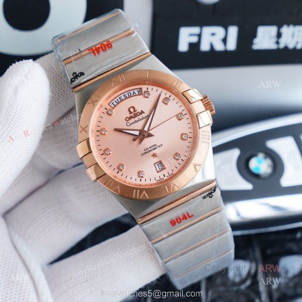 1:1 Swiss Replica Omega Constellation Double Eagle Rose Gold Diamond Watch 38mm