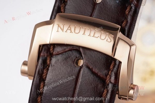 Swiss Patek Philippe Nautilus Rose Gold Grey Dial Brown Leather Strap Replica Watch