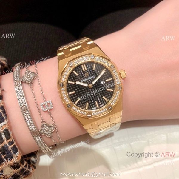 Clone Audemars Piguet Royal Oak Women Watch Diamond Bezel All Gold