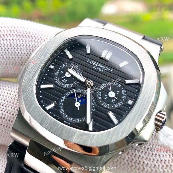 Copy Patek Philippe Nautilus White Face Annual Calendar Watch Brown Leather Strap