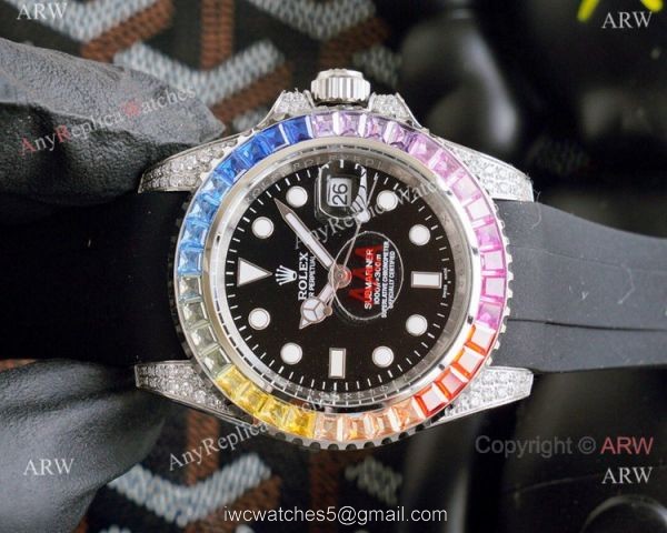 Top Replica Rolex Submariner Watch Rainbow Bezel Blue Rubber Strap