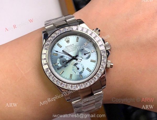 Clone Rolex Daytona Rubber Strap Glacier blue Dial Diamond Bezel