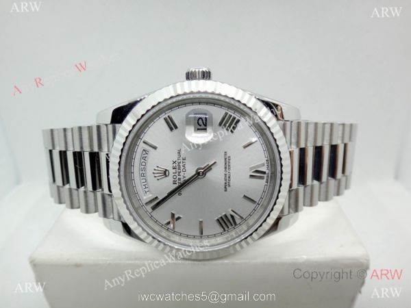 (EW) Replica Rolex DayDate II Stainless Steel Silver Face Watch Swiss ETA3255
