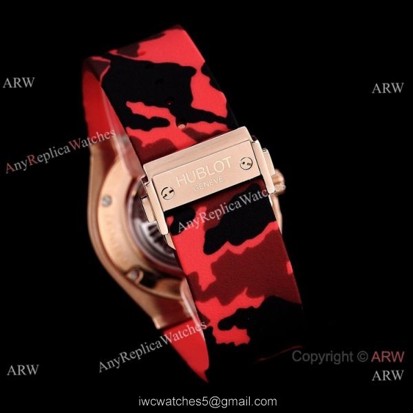 New Replica Hublot Sang Bleu Watch Red Camouflage Strap Rose Gold