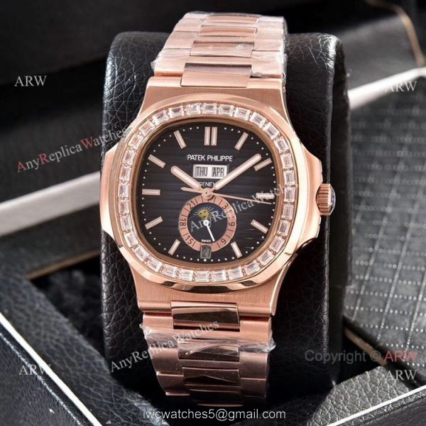 Patek Philippe Nautilus Annual Calendar Copy Watches Rose Gold with Diamond
