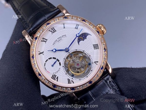 Super Clone Patek Philippe Tourbillon Moon phase Rose Gold Diamond Watch Power Reserve