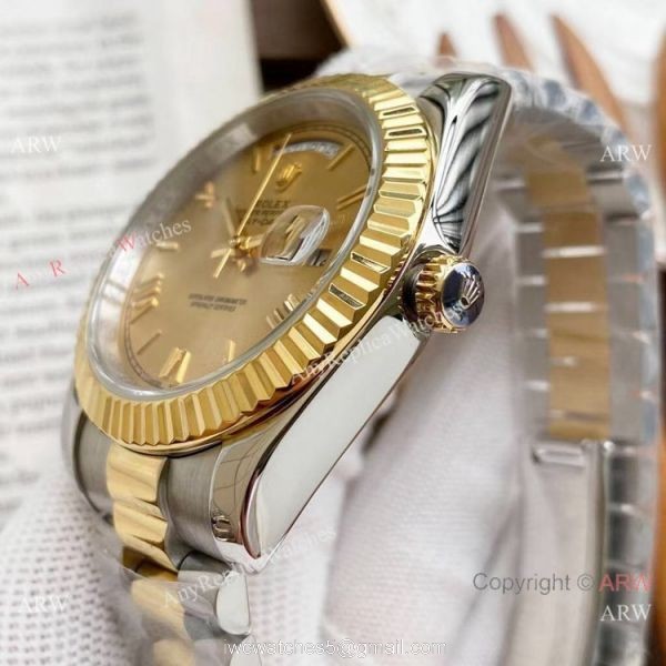 Copy Rolex Day Date 40mm Watches Chocolate Dial Two Tone Presidential Band