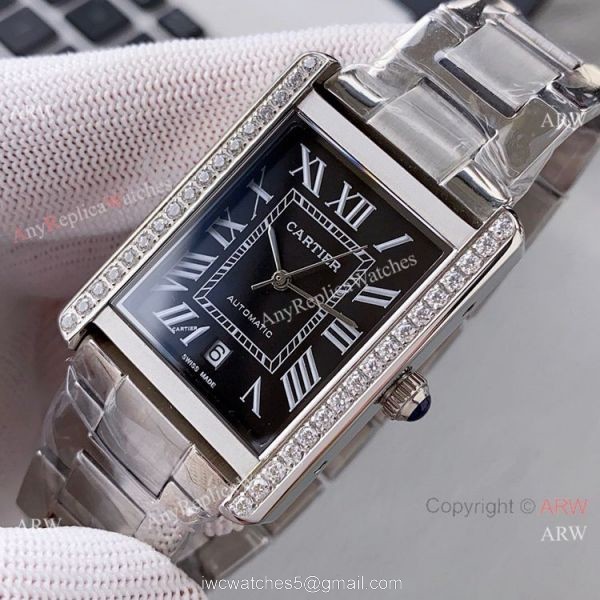 High Quality Replica Rose Gold Cartier Tank Automatic Watch With Diamond Bezel