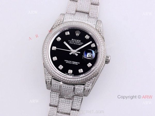 Best Iced Out Rolex Datejust 41 Diamond Black Dial Oyster Bracelet Replica Watches