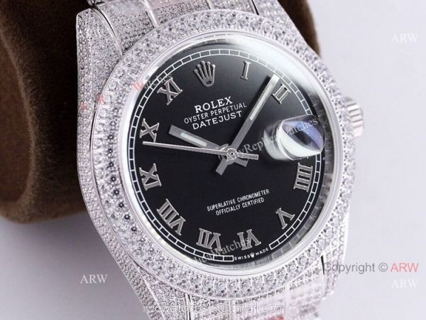 Fully Iced Out Rolex Watch For Mens Rolex Datejust 126334 Black Dial Roman Numerals Replica