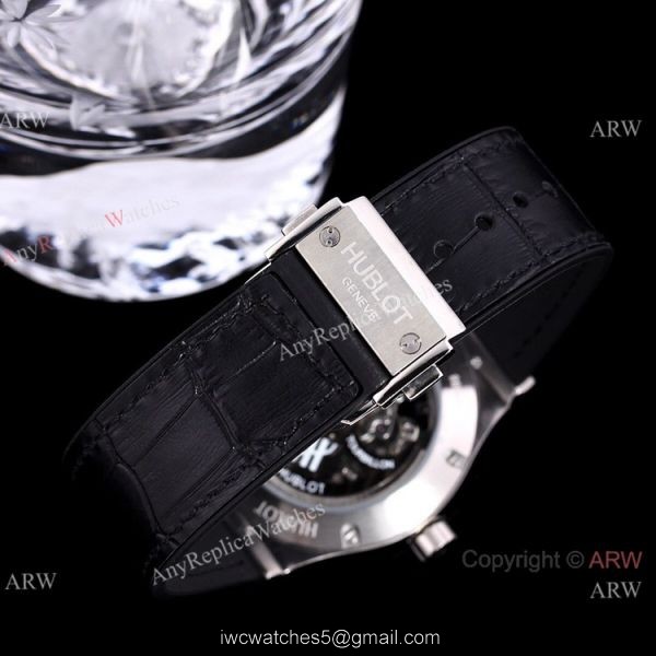 Replica Skeleton Hublot Rainbow Watch Rose Gold 45mm With Brown Leather Strap