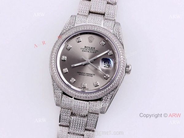 Iced Out Rolex Silver Dial Datejust 41 Replica Watches With Diamonds For Men