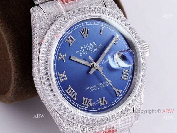 Diamond Rolex Datejust Blue Dial Roman Numerals Automatic Watch Best Replica