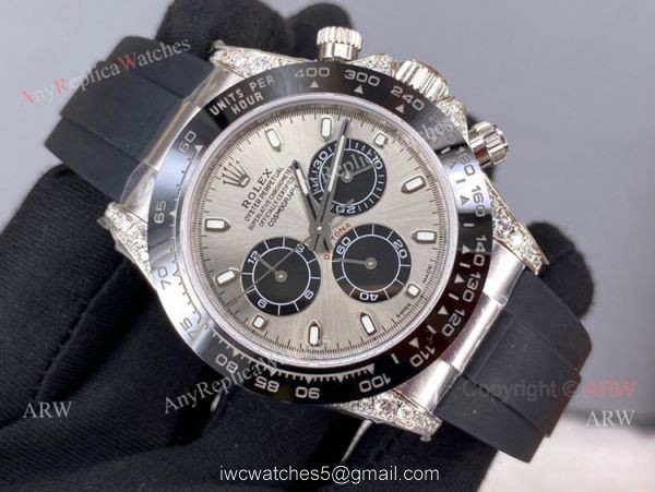 Pre-Sale Noob Factory Rolex Daytona Grey Dial Rubber Strap Swiss 4130 Watch with diamonds on the lugs
