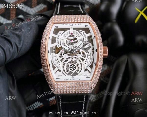 Replica Rose Gold Franck Muller V45 Revolution 3 Skeleton Watch With Diamonds for men