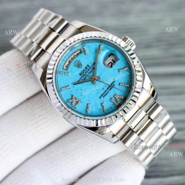 New Rolex Day Date Turquoise Roman Dial M128238 Stainless Steel Copy Watch 36mm