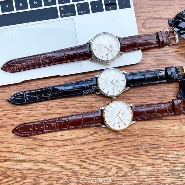 40mm Longines Automatic Watch White Dial Brown Leather Strap High Copy