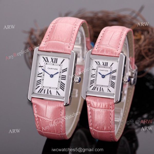 Rose Gold Cartier Tank Couple Watch White Face Brown Leather Strap High Quality Replica