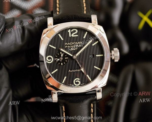 All Black Panerai Radiomir GMT Automatic Watch 45mm Brown Leather Strap High Copy