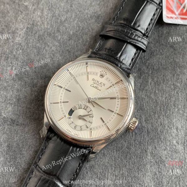 Swiss Copy Rolex Cellini Dual Time 3180 Movement Watch Silver Dial Black Leather Strap