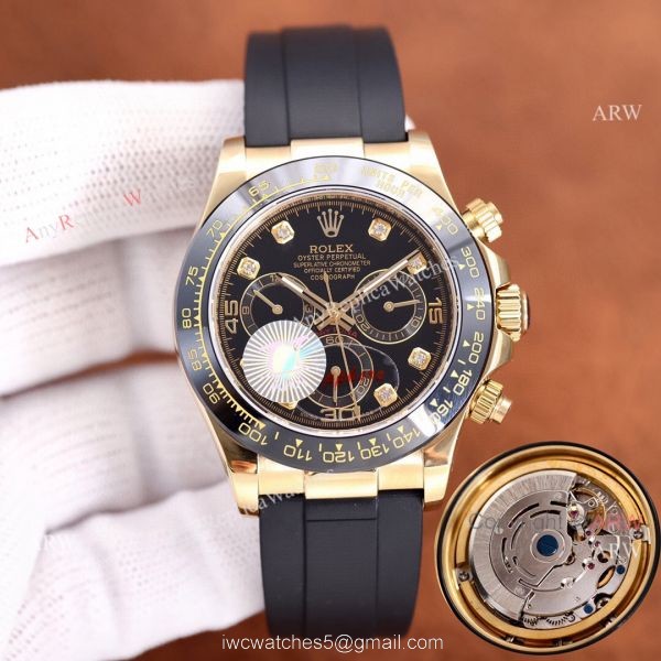 Replica Rolex Daytona Gold Dial Black Rubber Band Ceramic bezel Man Watch