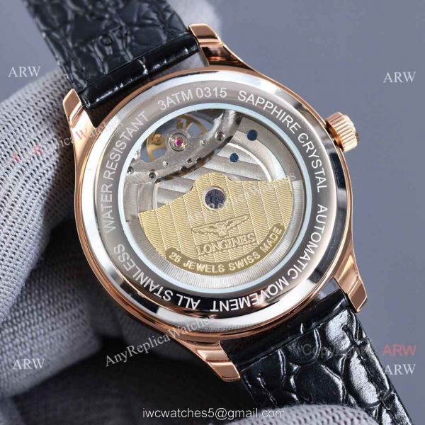 Copy Longines Master Tourbillon Rose Gold Case Black Face Leather 42MM Watch