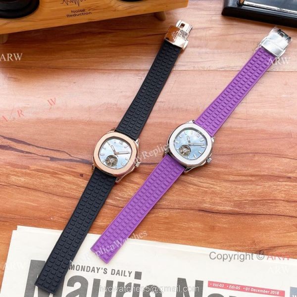 Clone Patek Philippe Lady Tourbillon Diamond Bezel Purple Rubber Strap 35mm