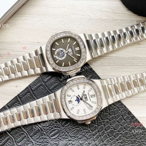 Clone Patek Philippe Annual Calendar Nautilus Watches Olive Green with Diamond 42mm