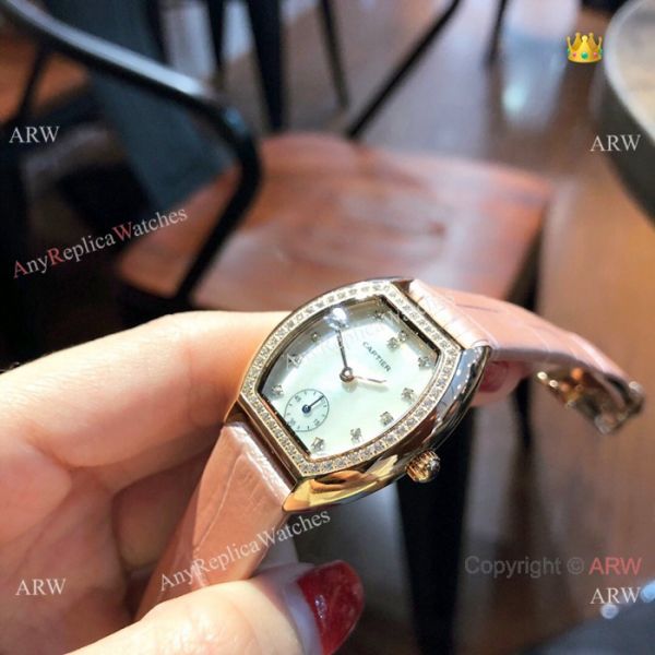 Low Price Cartier Rose Gold Gray Leather Band Ladies Watch 26mm