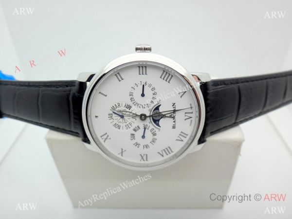 Copy Blancpain Moonphase and Perpetual Calendar Watch White Dial Black Leather Band