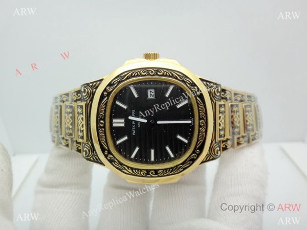 2019 Copy Patek Philippe Engraving Nautilus Watches Yellow Gold Black Dial