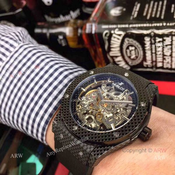 Copy Hublot Classic Fusion Watches Skeleton Dial Black Rubber Strap