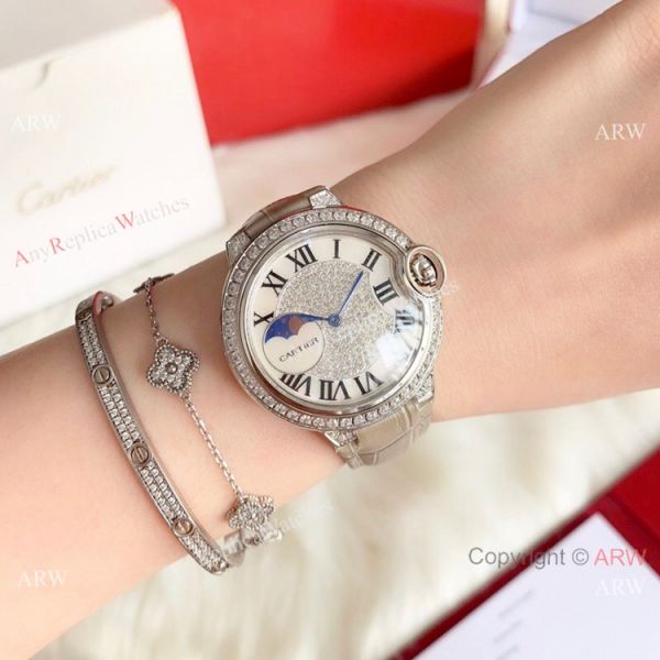 Ballon Bleu de Cartier 36mm Replica Watches Gold Diamond Green Leather Band