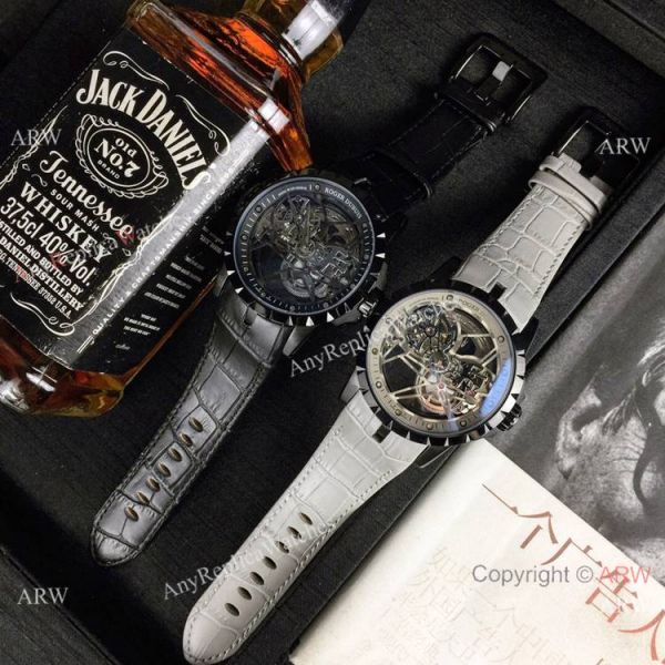Copy Roger Dubuis Excalibur Flying Tourbillon Watches SS Gray Leather Strap